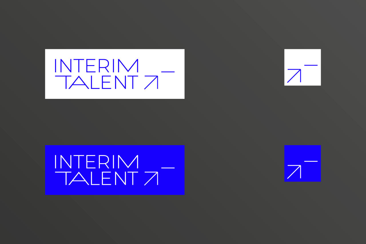 Versiones del logo y símbolo de Interim Talent sobre fondo claro y oscuro