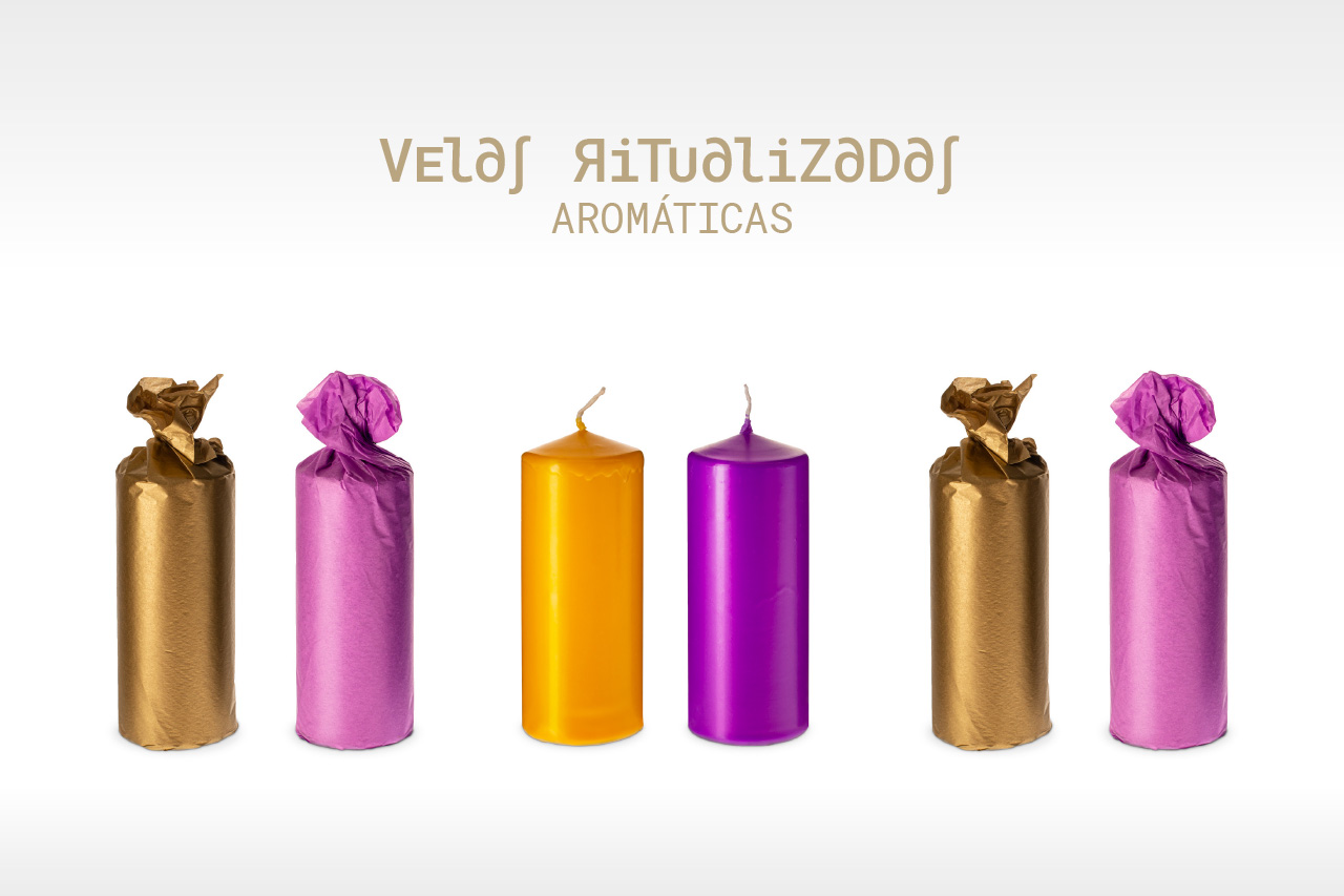 Poster con fotografía de producto de velas ritualizadas TUYTU y logo tipográfico