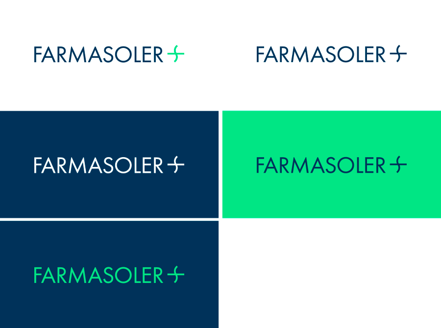 Logo Farmasoler, versiones a color y sobre fondos de color