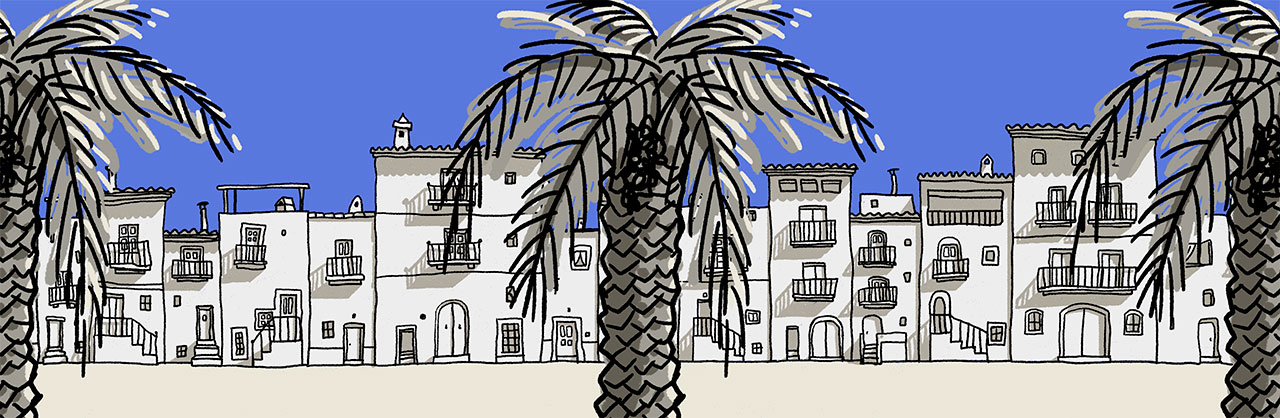 Ilustración de casas en pueblo mediterráneo para el diseño de envase de pinturas