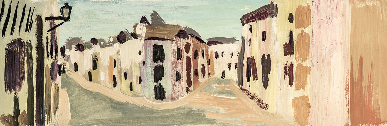 Ilustración de fachadas de casas en pueblo pintoresco para el diseño de envase de pinturas